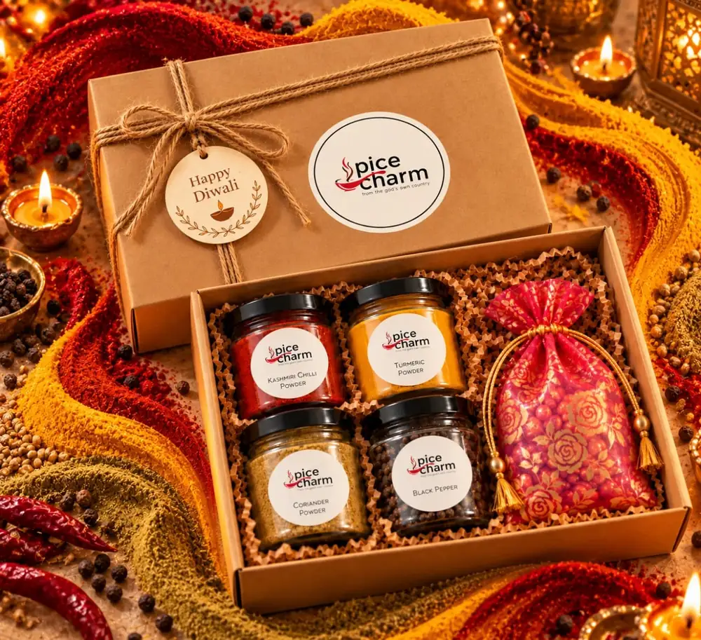 Spice Charm Diwali Hamper: kraft gift box with four branded glass jars of Kashmiri chilli, turmeric, coriander and black pepper, a festive potli and a Happy Diwali tag