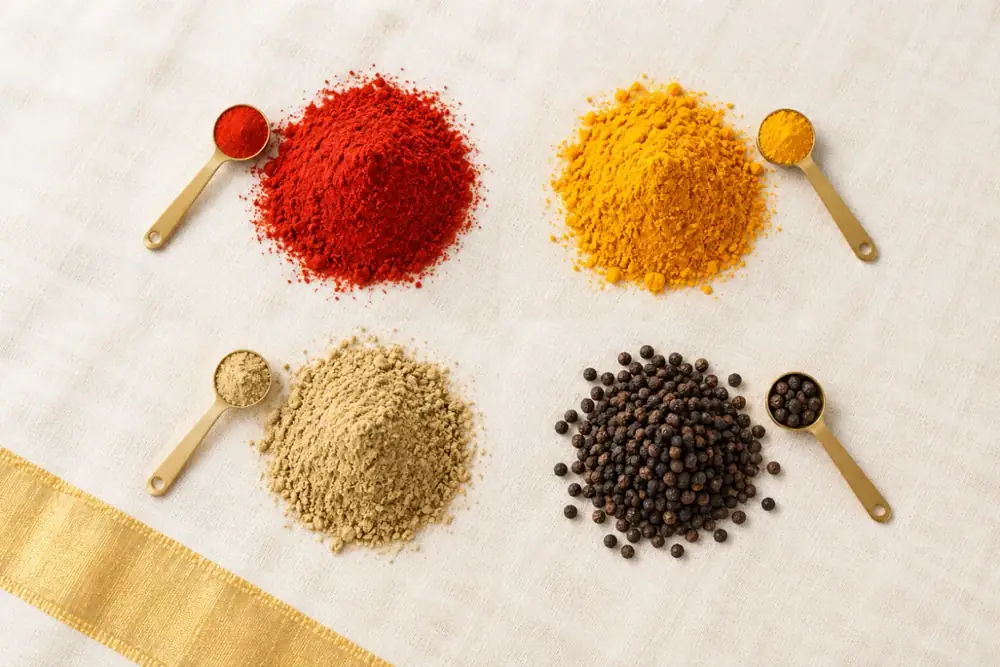 Kashmiri chilli, turmeric, coriander and black pepper with brass spoons on cotton cloth